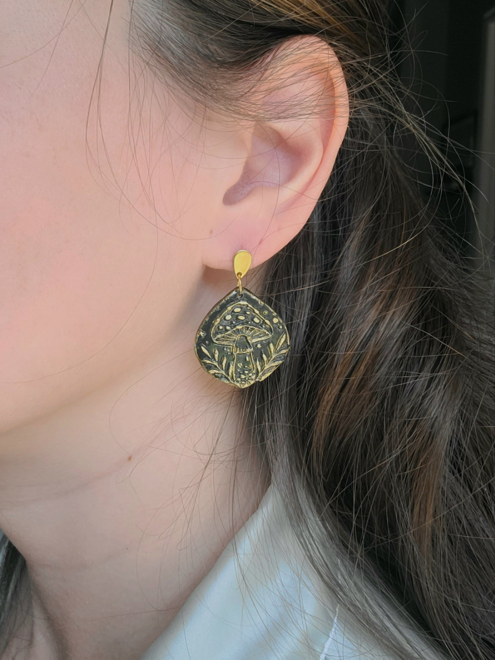 Green and gold textured mushroom dangles