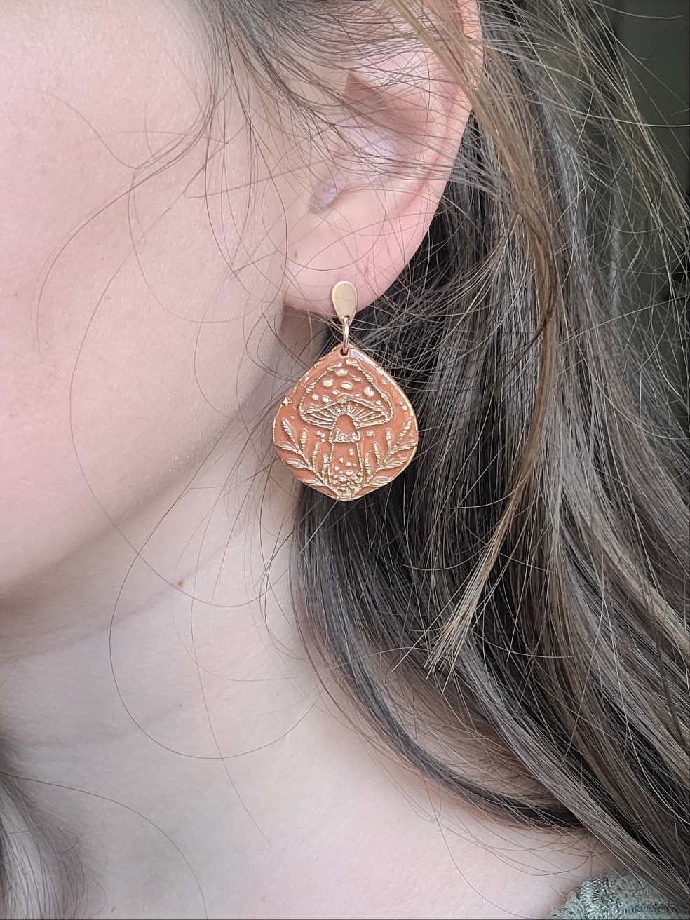 Terracotta and bronze textured mushroom dangles
