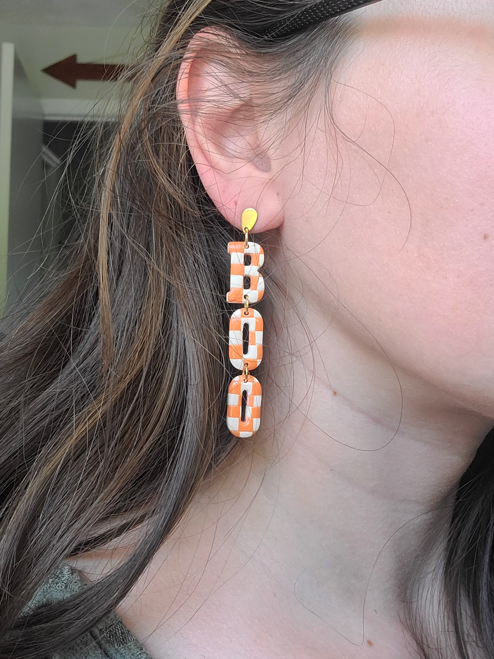 Orange and White "Boo" checkered Dangles