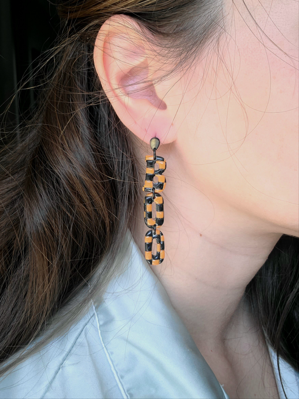 Orange and Black "Boo" checkered Dangles