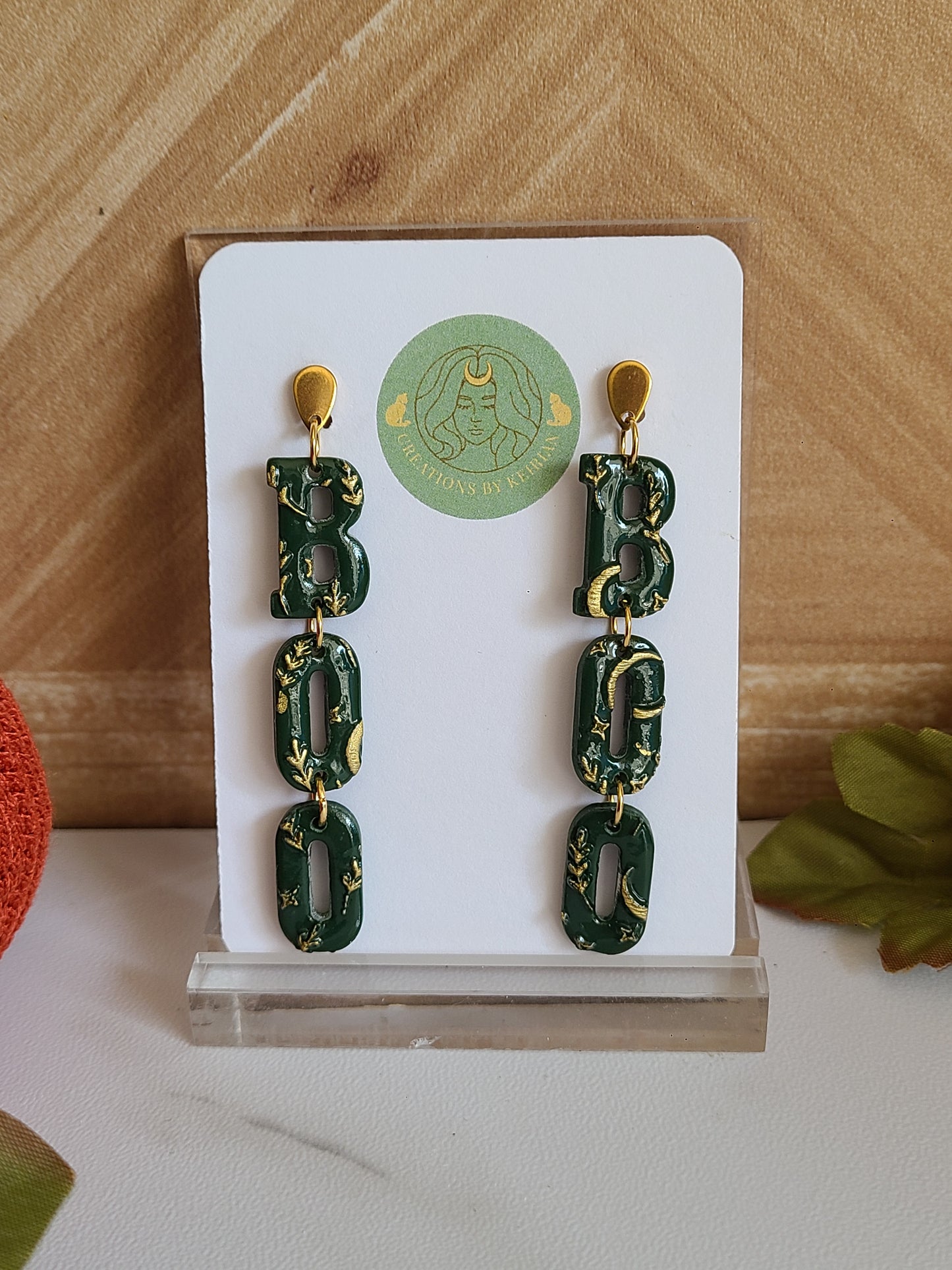 Green and gold textured "Boo" dangles