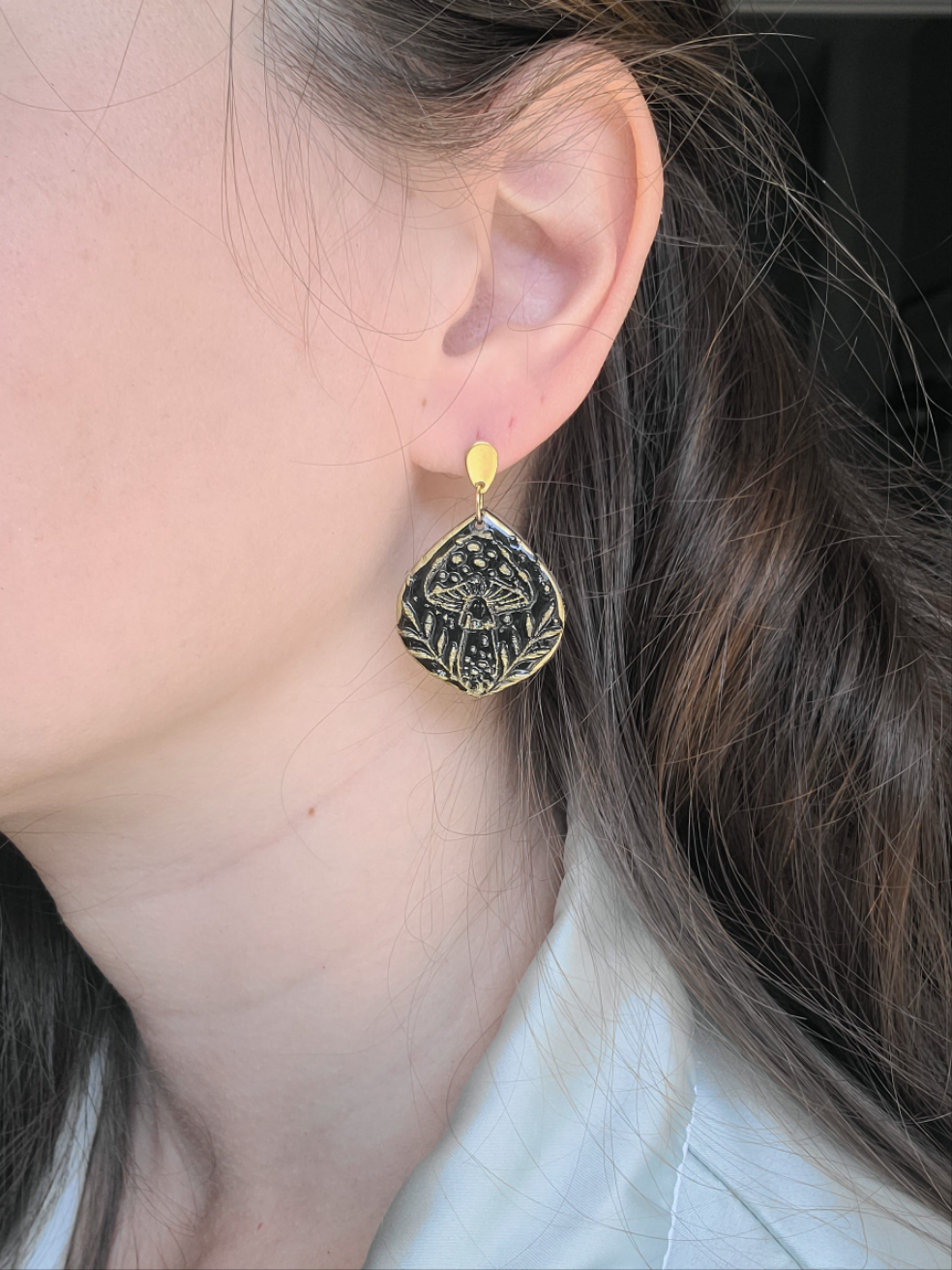 Black and gold textured mushroom dangles