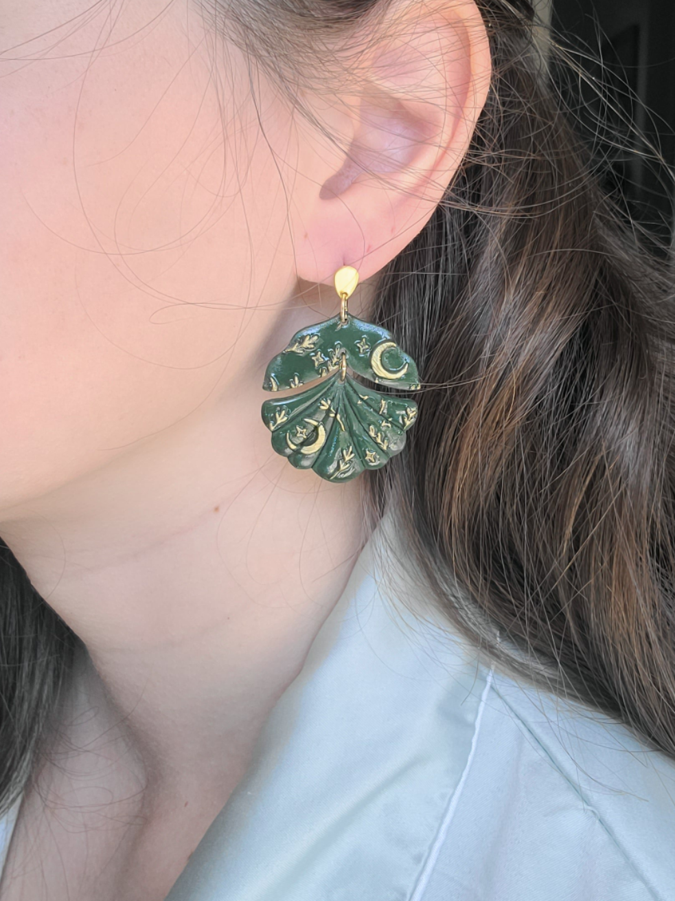 Green and gold textured scallop dangles