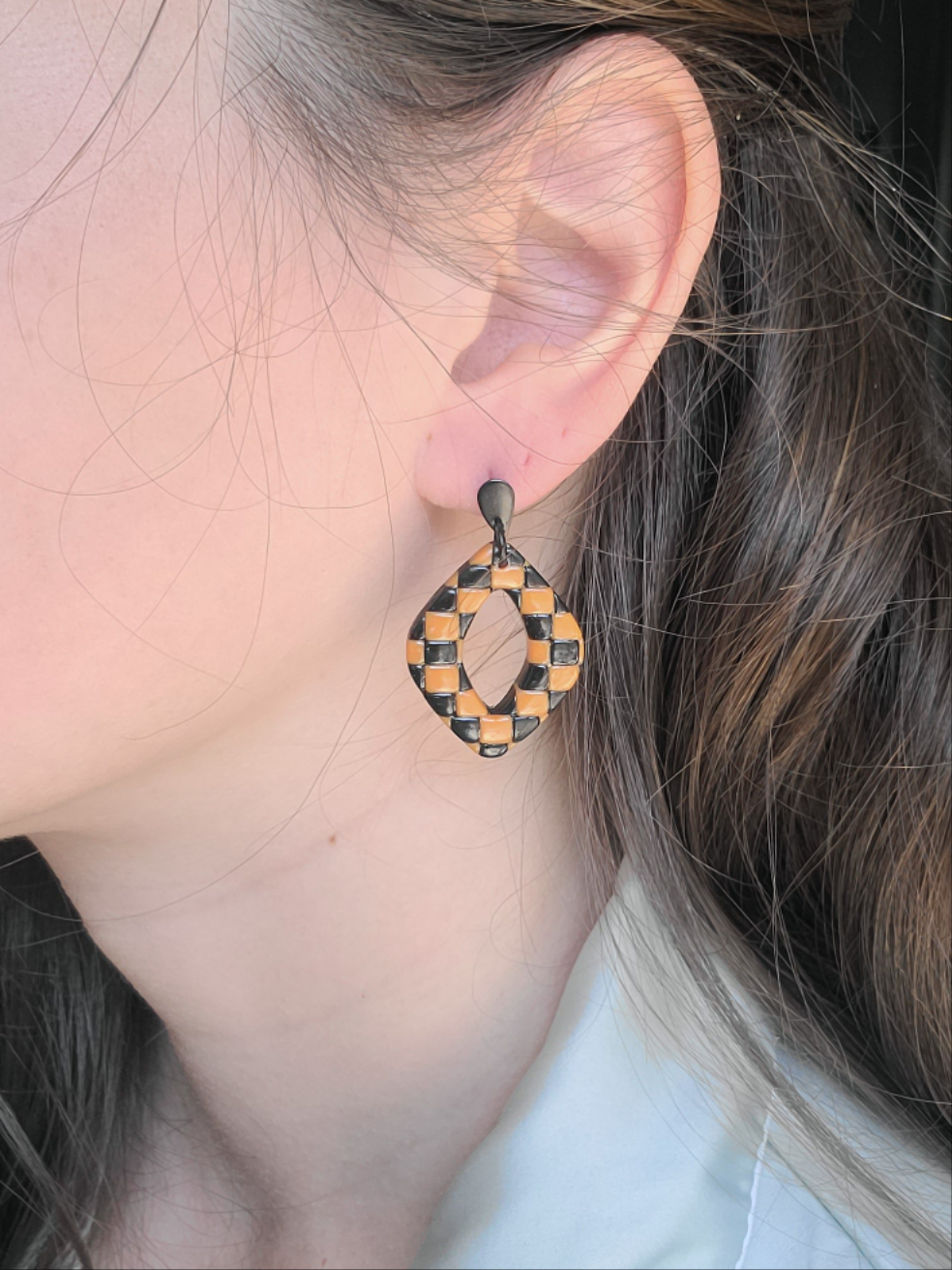 Orange and Black checkered diamond dangles