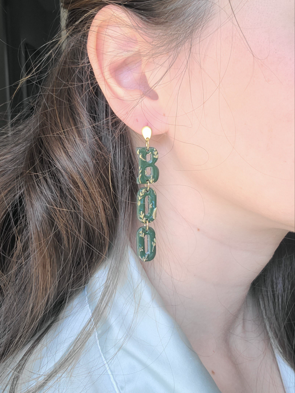 Green and gold textured "Boo" dangles