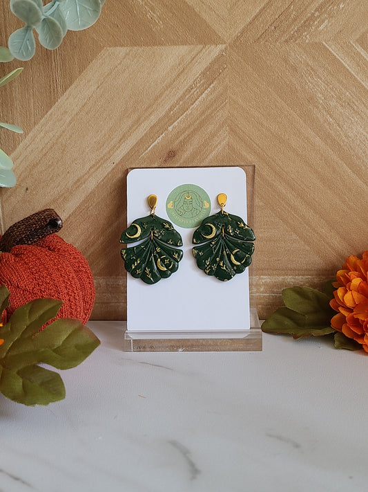 Green and gold textured scallop dangles