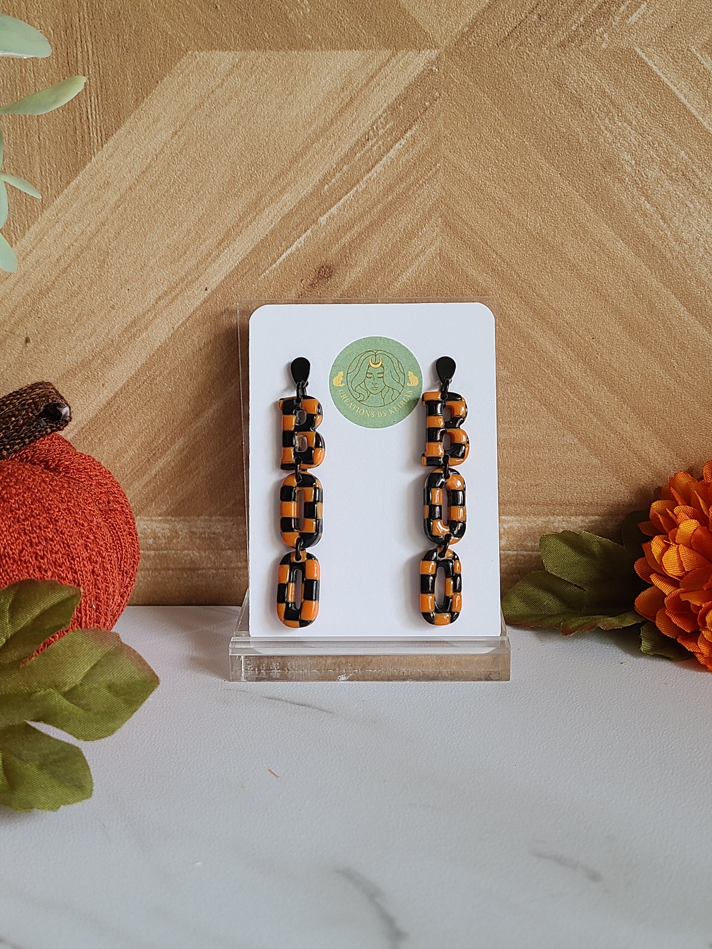 Orange and Black "Boo" checkered Dangles