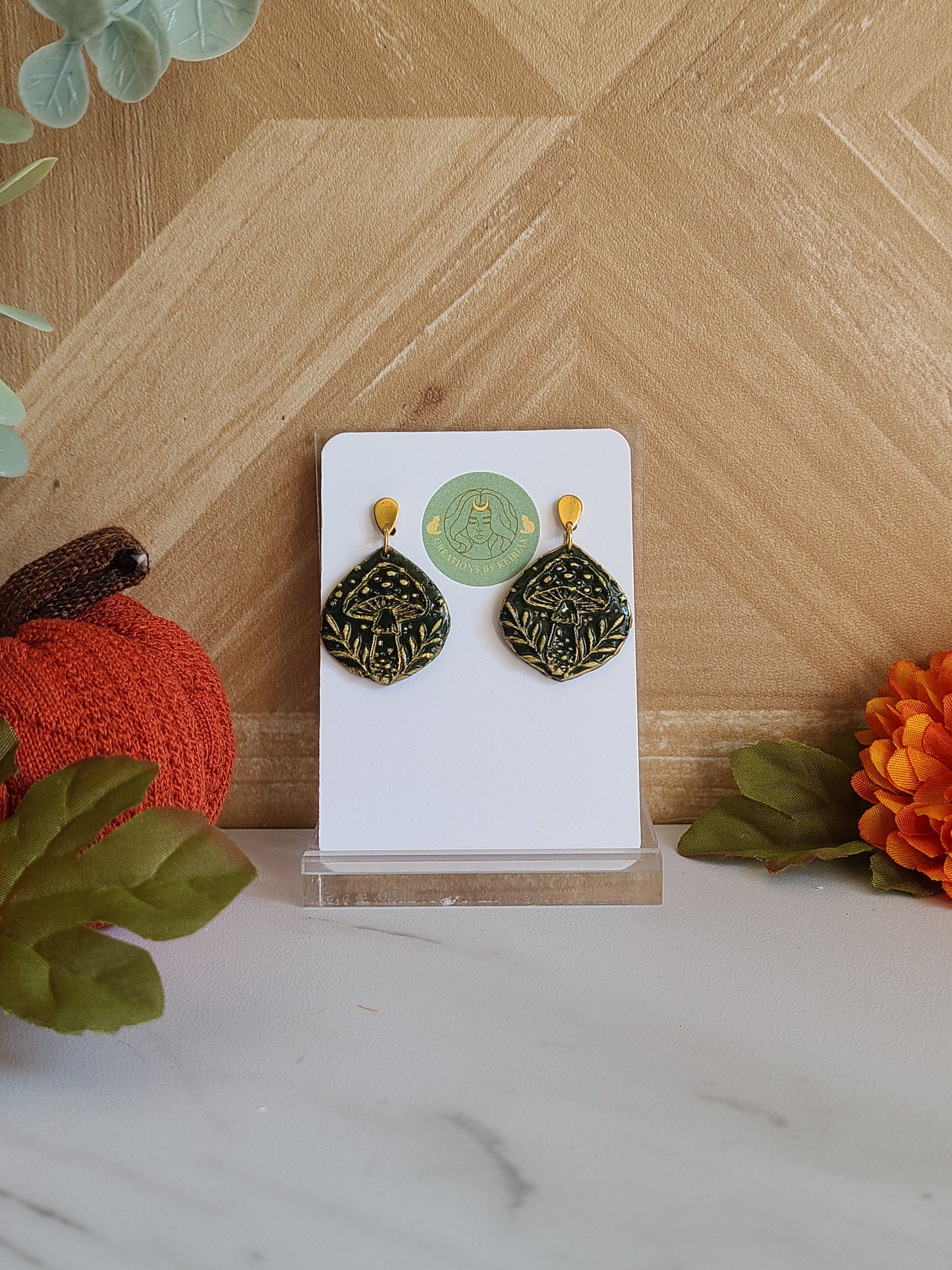 Green and gold textured mushroom dangles