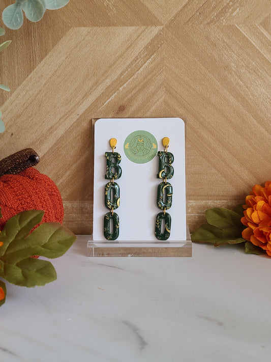 Green and gold textured "Boo" dangles