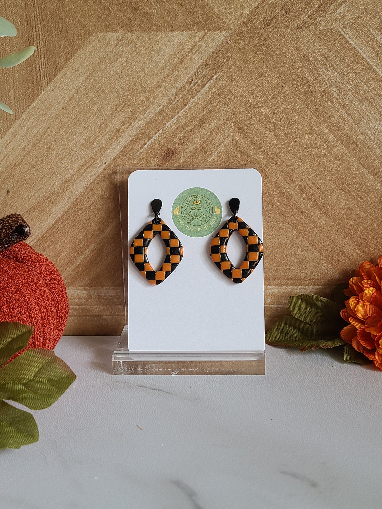 Orange and Black checkered diamond dangles