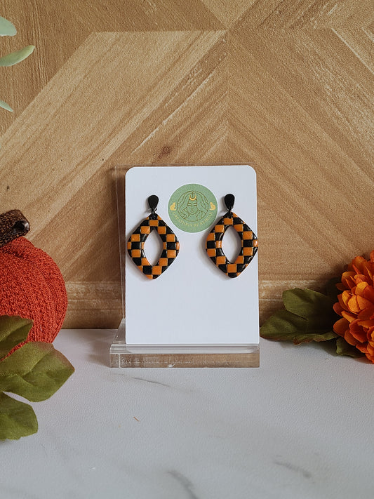 Orange and Black checkered diamond dangles