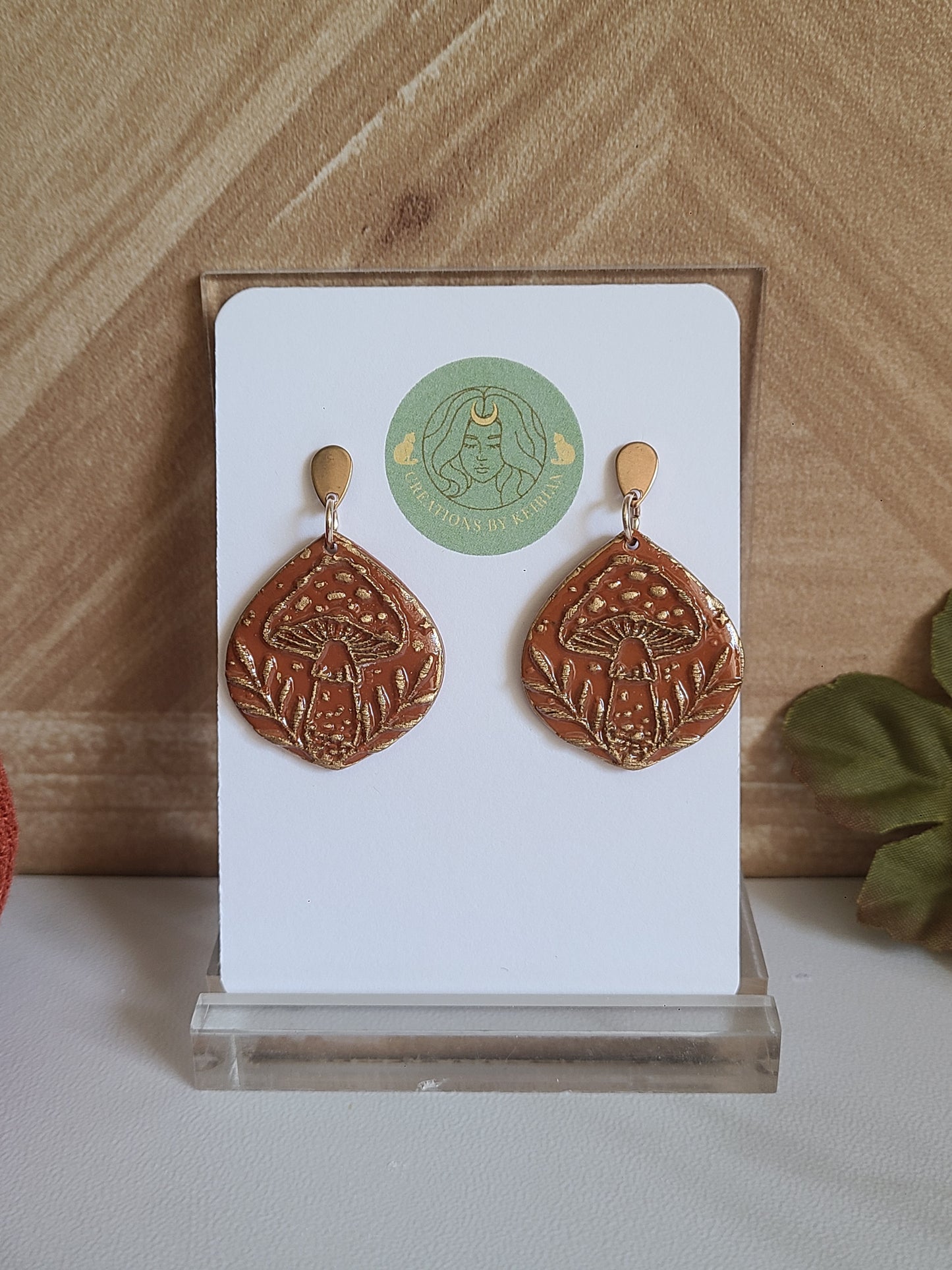 Terracotta and bronze textured mushroom dangles